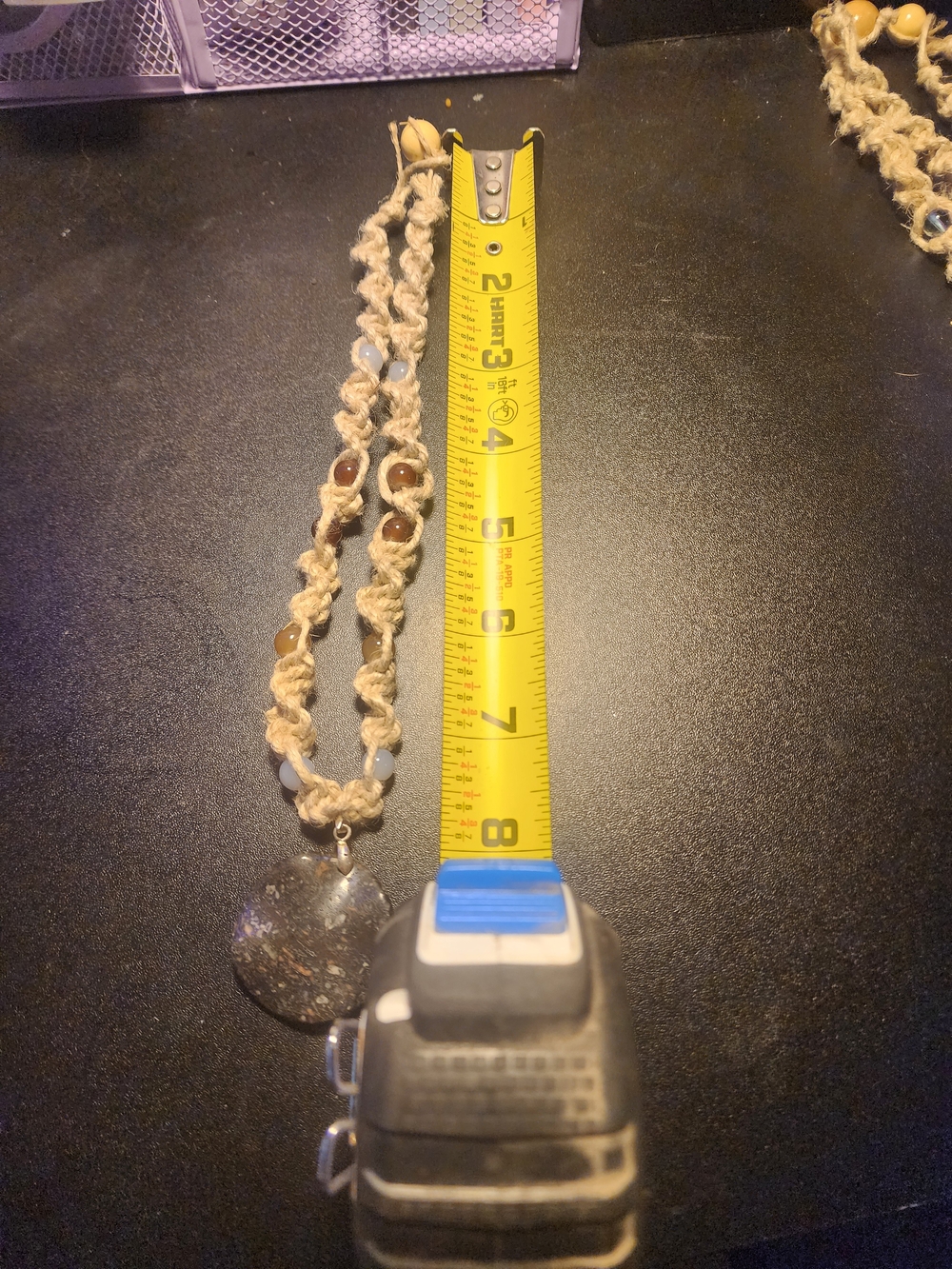 Handmade Beige Macrame Necklace with Brown Beads and Stone Pendant